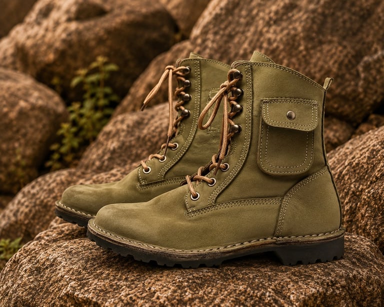 Pair of tan leather lace-up boots with cargo pocket detail, positioned on rocky ground with moss