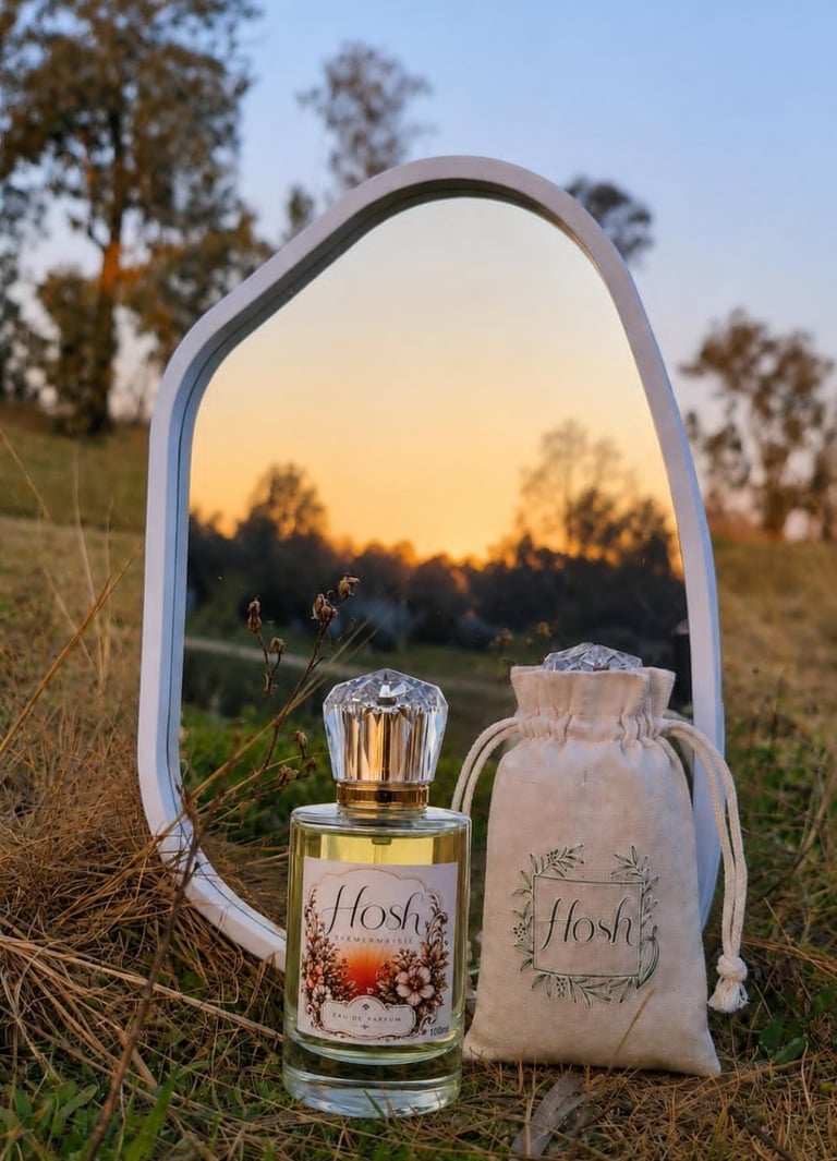 Floral perfume bottle and drawstring pouch displayed next to an arched mirror at sunset in an outdoor garden setting