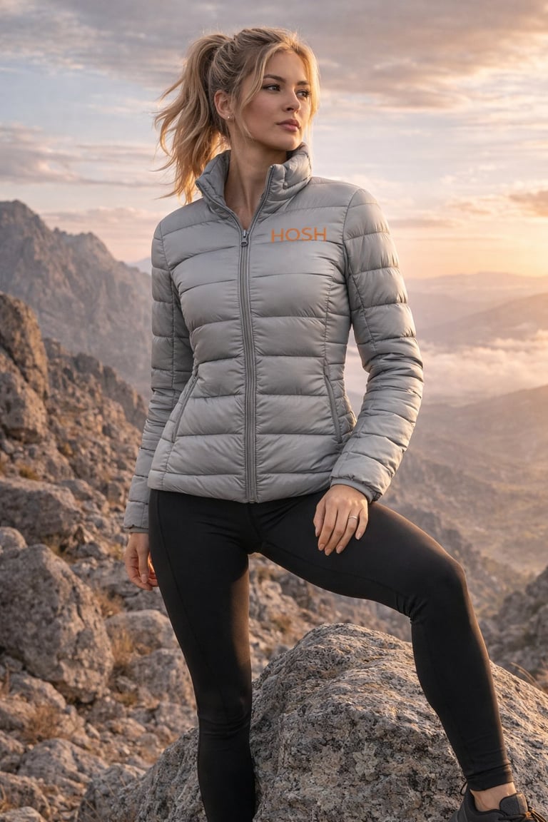Woman in gray puffer jacket and black leggings standing on rocky mountain outcrop at sunset
