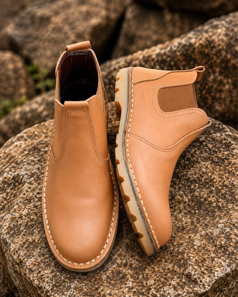 Pair of tan leather Chelsea boots displayed on rocky terrain, showing side and front views with cream stitching and contrast heel