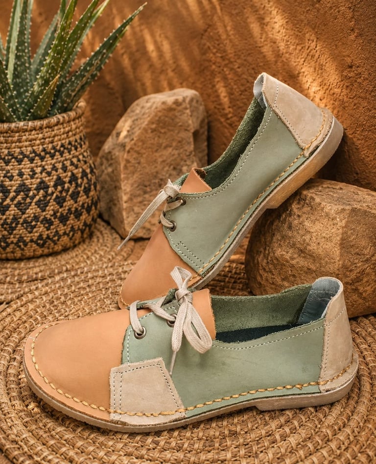 Pair of tan and green leather ankle boots with lace-up front displayed on decorative stones next to a potted succulent plant