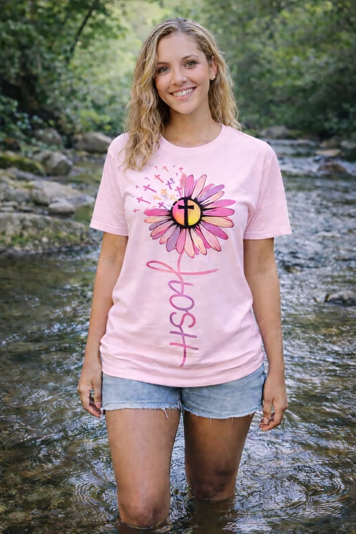 Young woman smiling in a shallow stream wearing a pink t-shirt with a pink daisy and cross design, surrounded by green trees