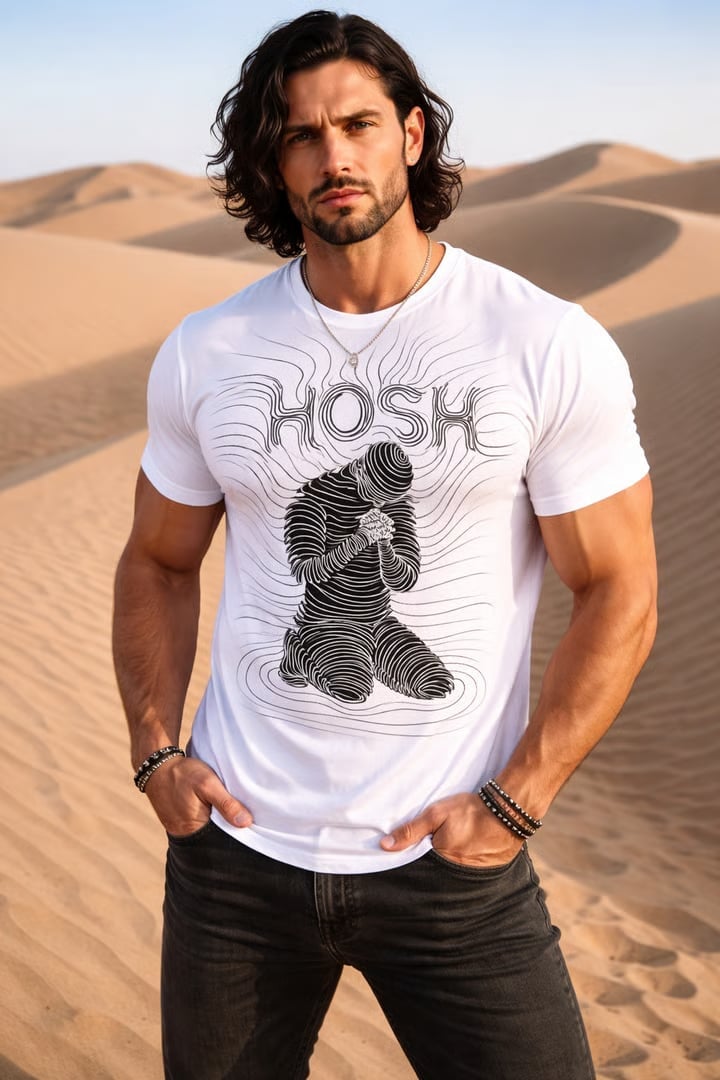 Man with long dark hair wearing white graphic t-shirt and dark jeans standing in desert sand dunes