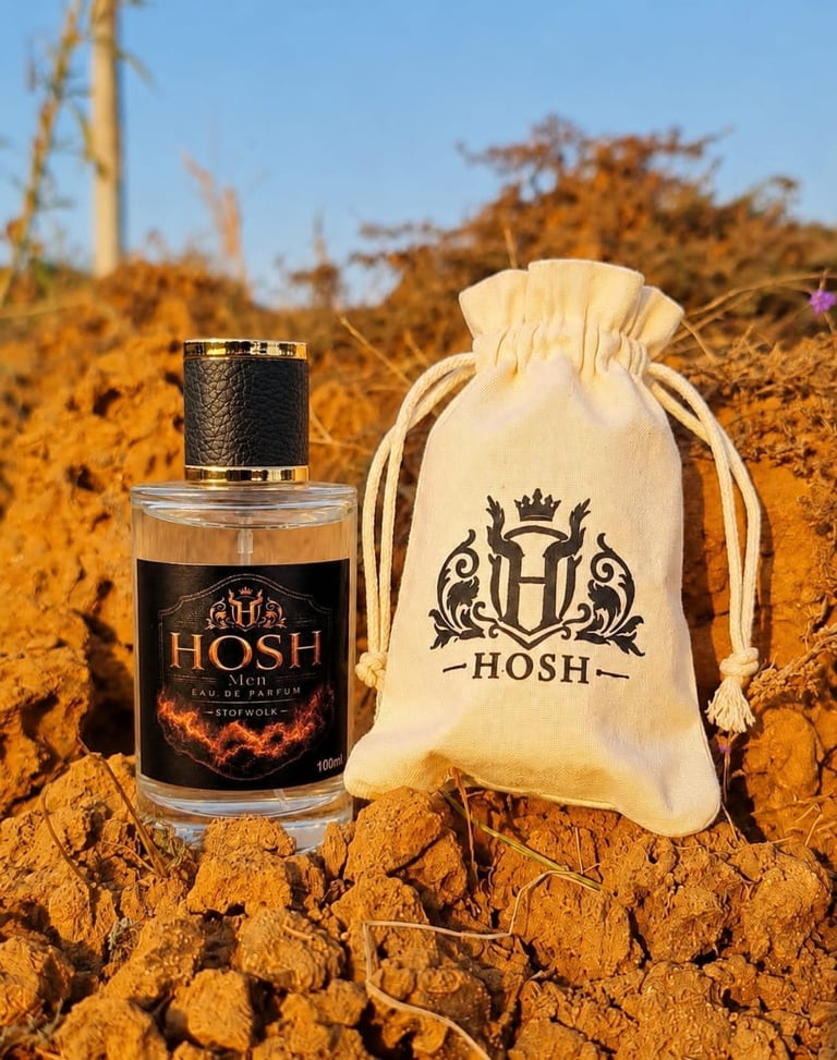 HOSH eau de parfum bottle with cream drawstring pouch on rocky desert ground with autumn landscape background