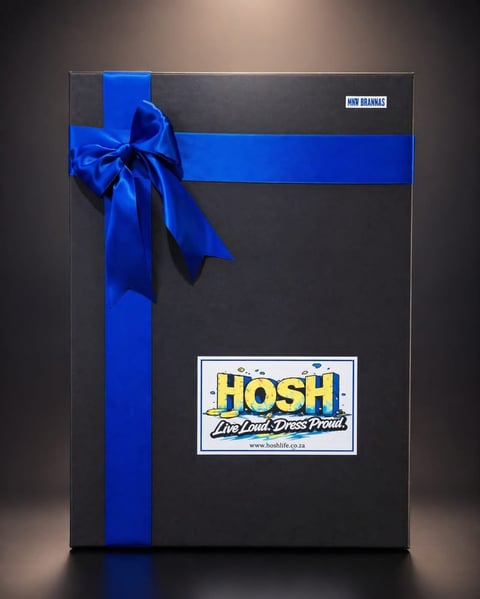 Black gift box with blue ribbon bow and HOSH branding label on dark background