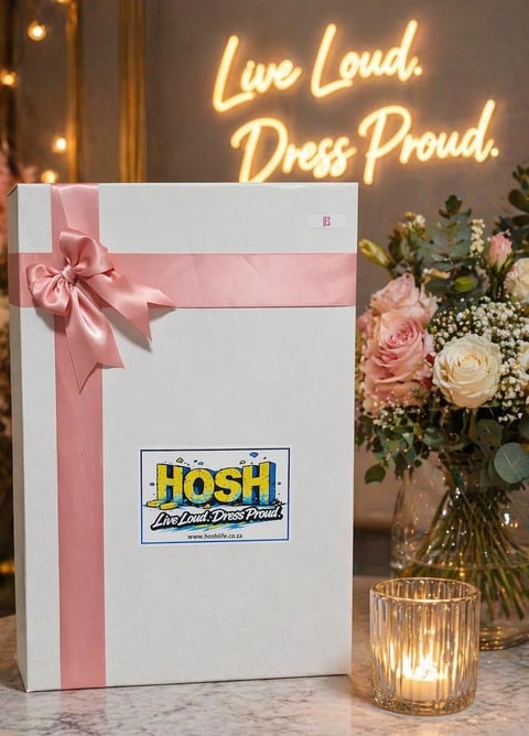 White gift box with pink ribbon bow and Hosh logo, displayed next to flowers and candle with neon Live Loud. Dress Proud. sign