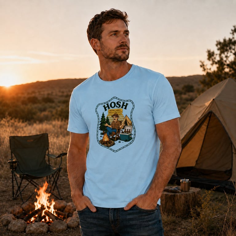 Man wearing light blue NOSH graphic t-shirt standing by campfire at sunset with tent in background