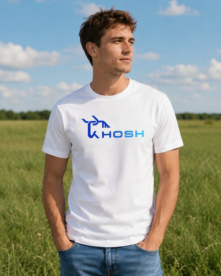 Man wearing white Khosh t-shirt and jeans standing in an open green field under blue sky with clouds