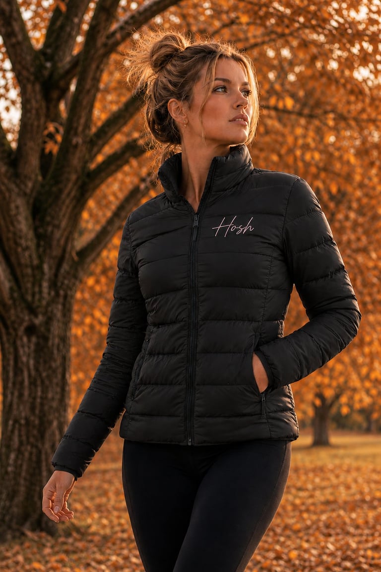 Woman wearing black puffed jacket with Hosh logo standing under autumn tree with golden foliage