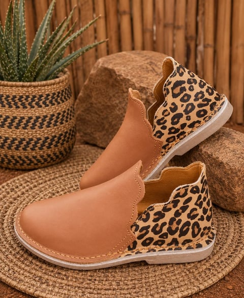 Pair of tan leather boots with leopard print accents displayed on woven placemats near a potted cactus and decorative rocks