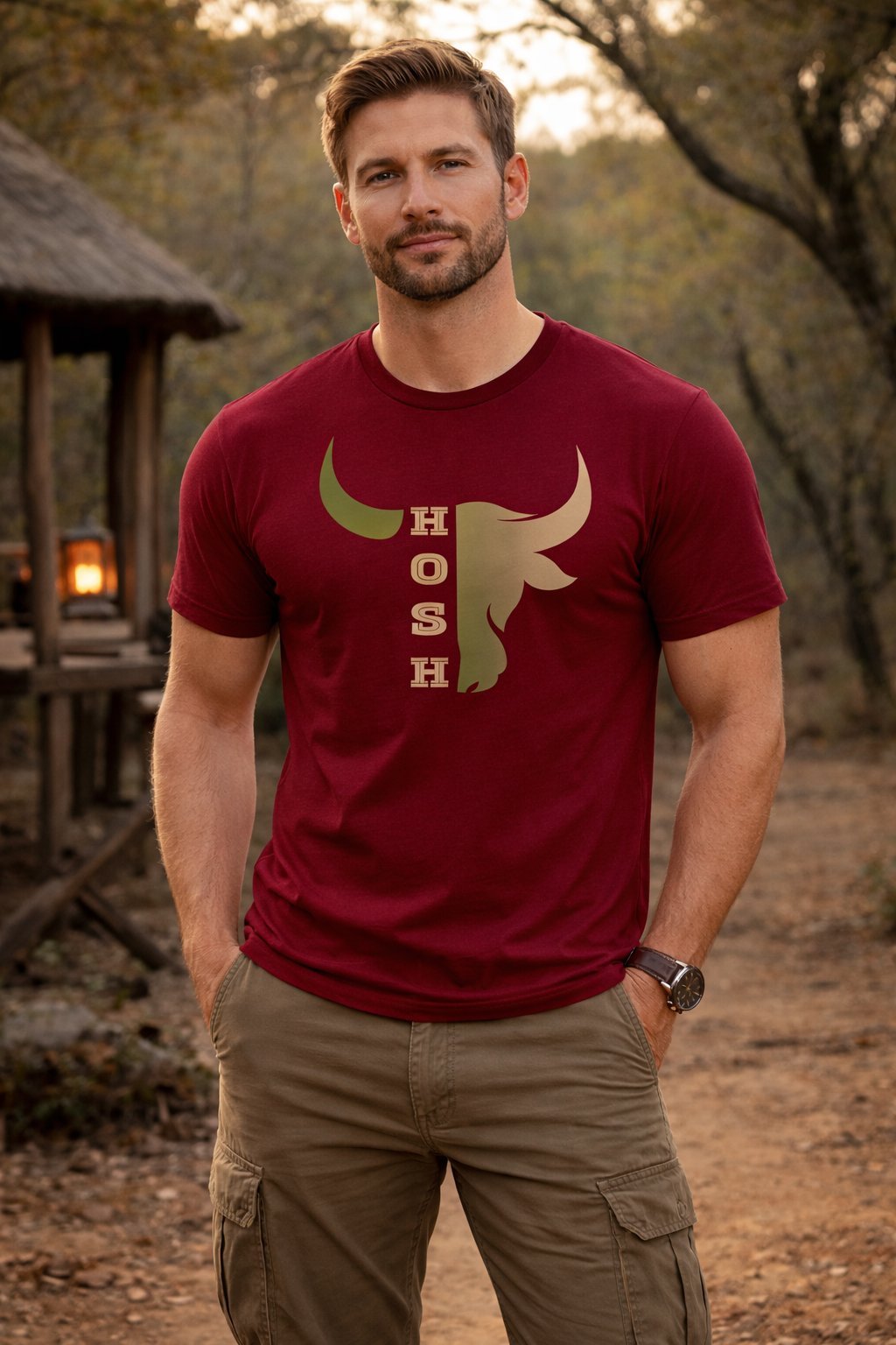 Man wearing burgundy HOSH bull logo t-shirt and khaki cargo pants standing outdoors near wooden structure