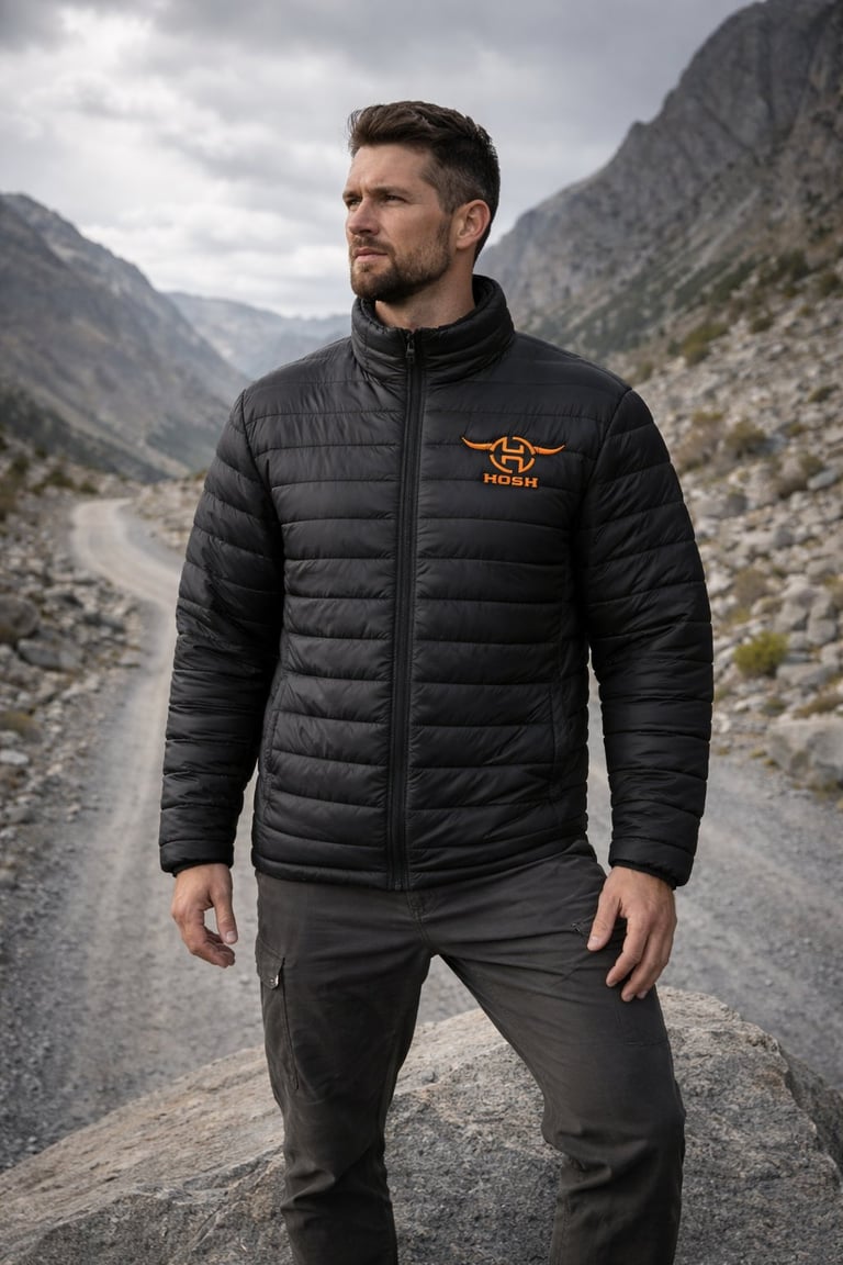 Man in black puffer jacket standing on mountain road with rocky peaks in background