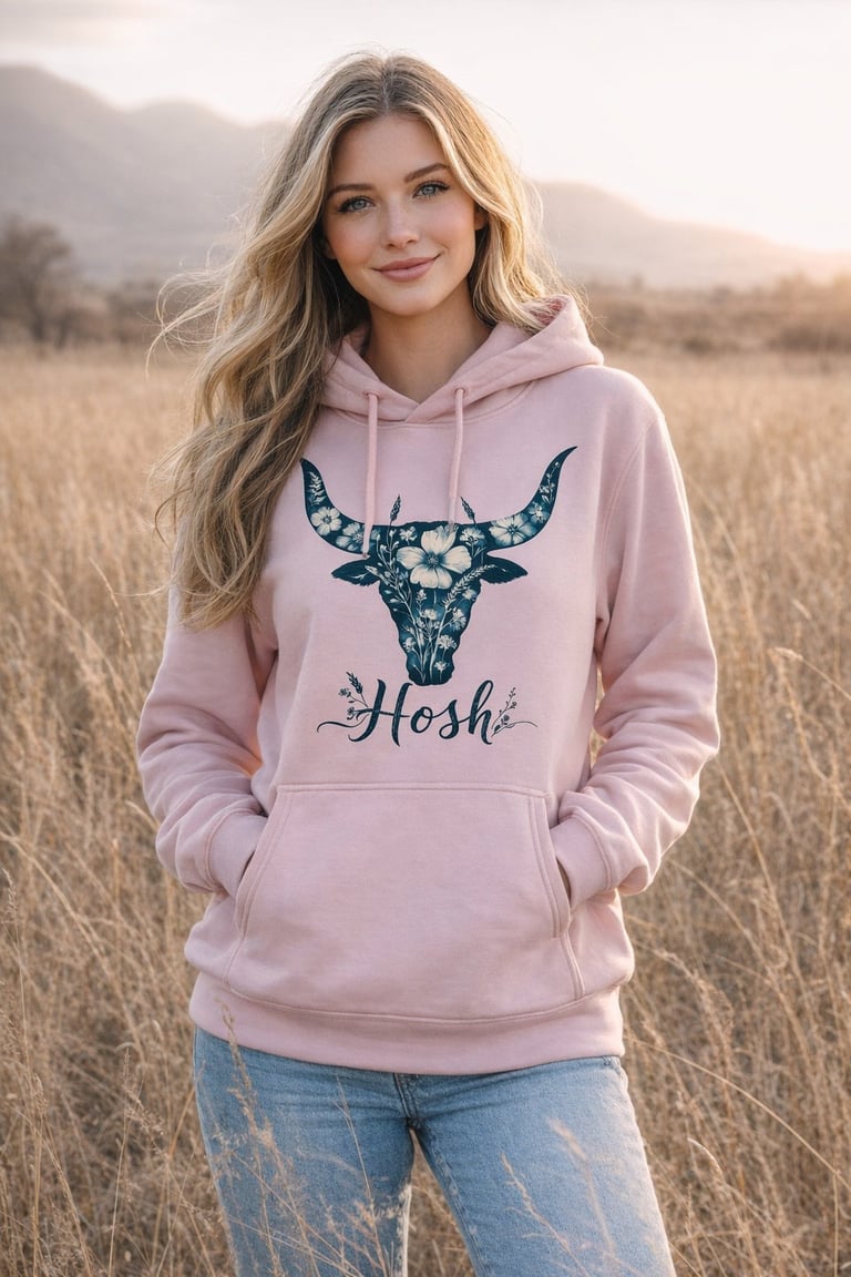 Woman wearing pink hoodie with bull skull design standing in dry field at sunset