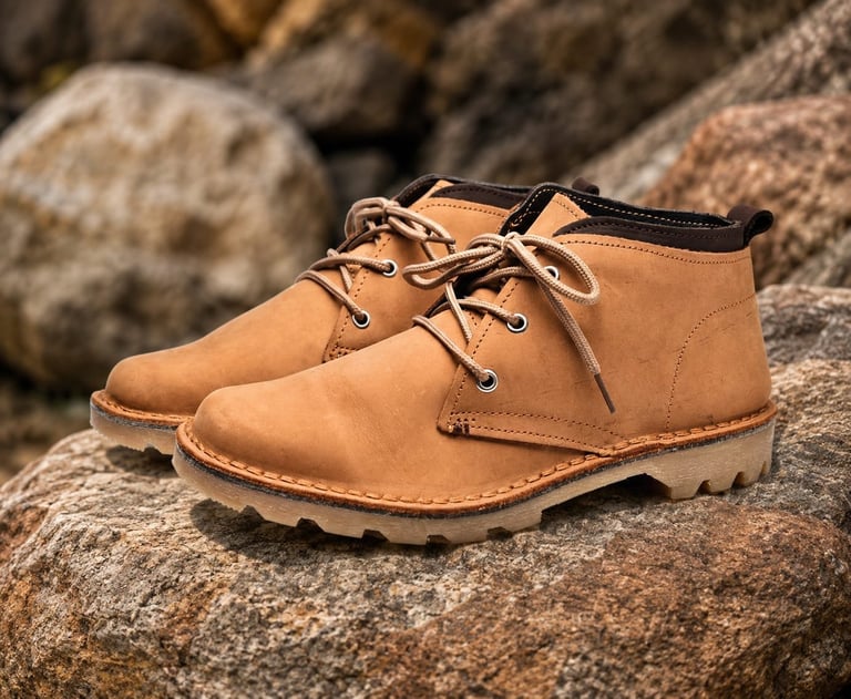 Tan leather lace-up boots with chunky soles displayed on rustic rocks