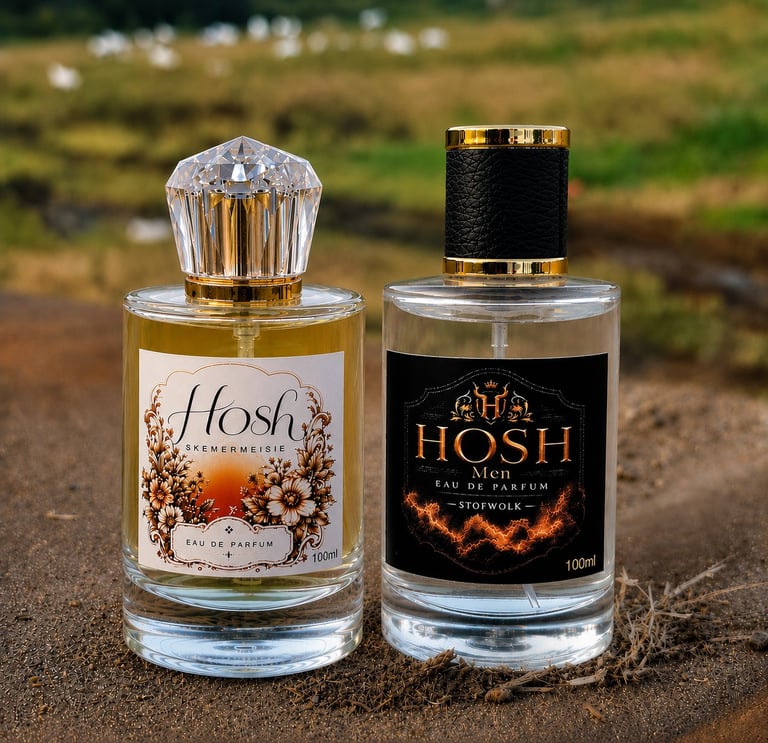 Two Hosh fragrance bottles with crystal and black caps displayed on rocky ground with blurred natural background