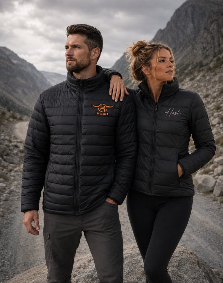 Man and woman wearing black puffy jackets standing together on a mountain road with steep rocky peaks in the background