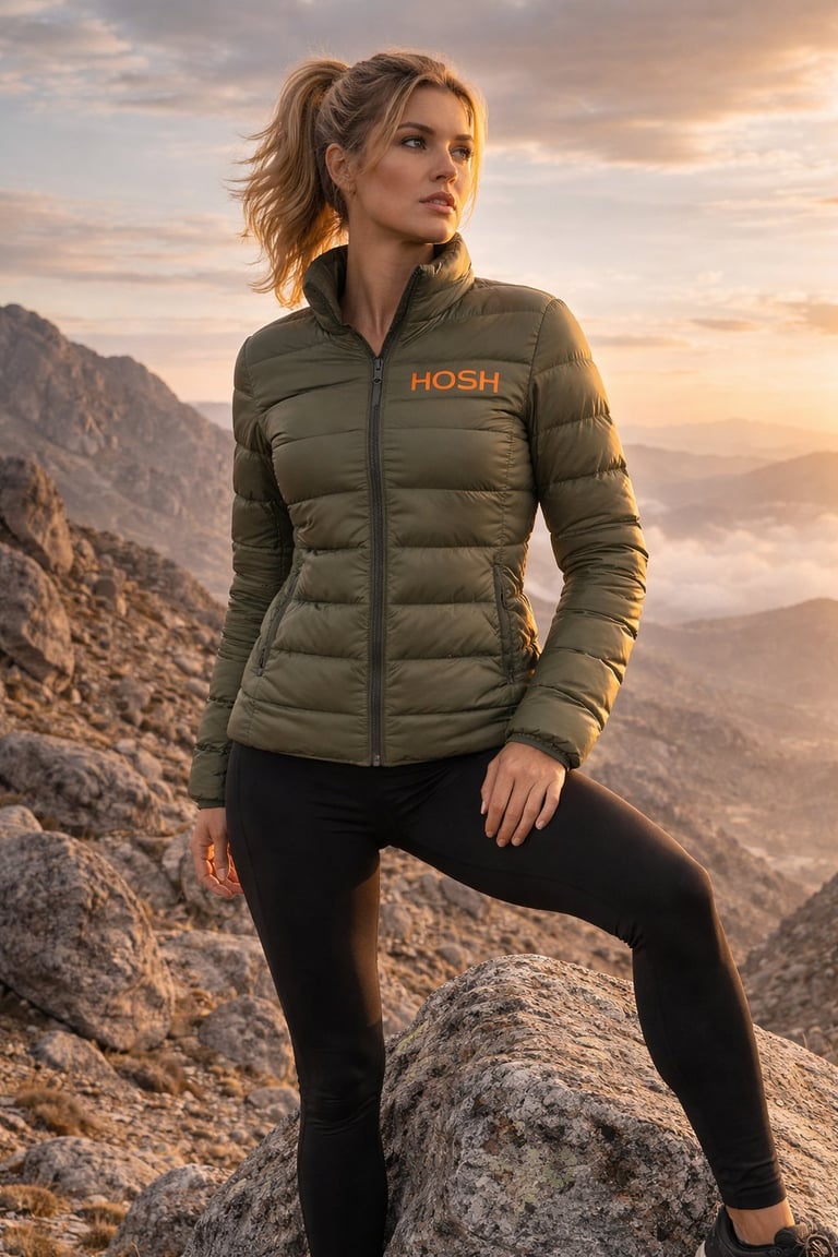 Woman in olive puffer jacket standing outdoors in autumn setting