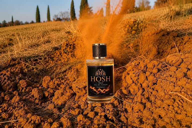 HOSH perfume bottle creating orange dust explosion in a Tuscan field with cypress trees in the background