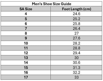 Mens Shoe Size Guide showing South African shoe sizes and corresponding foot lengths in centimeters