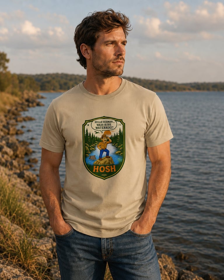 Man standing by a lake wearing a beige t-shirt with a wilderness graphic and jeans