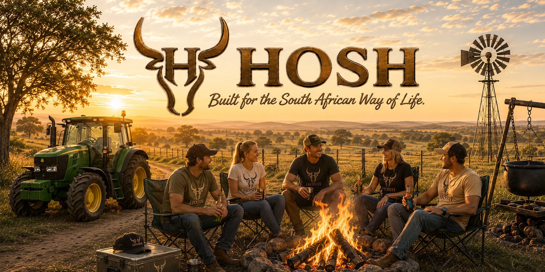HOSH brand logo with group of people gathered around campfire at sunset on rural South African farm with equipment and windmill
