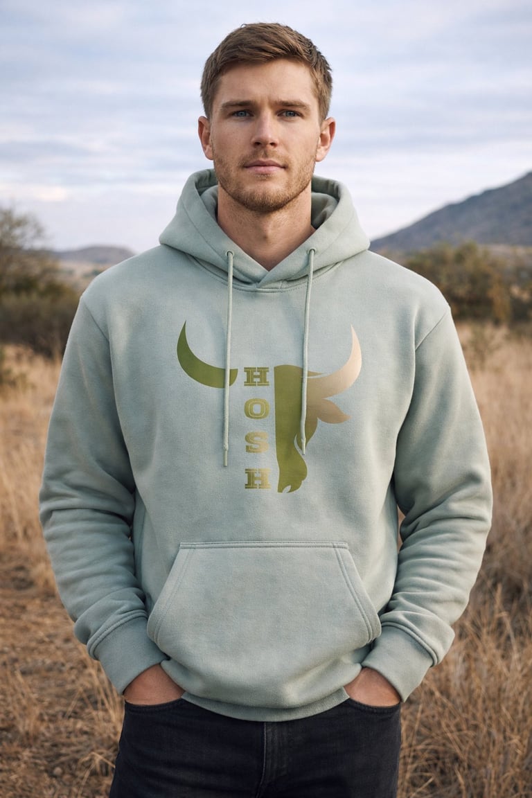 Man wearing light green hoodie with bull graphic standing outdoors with mountains in background