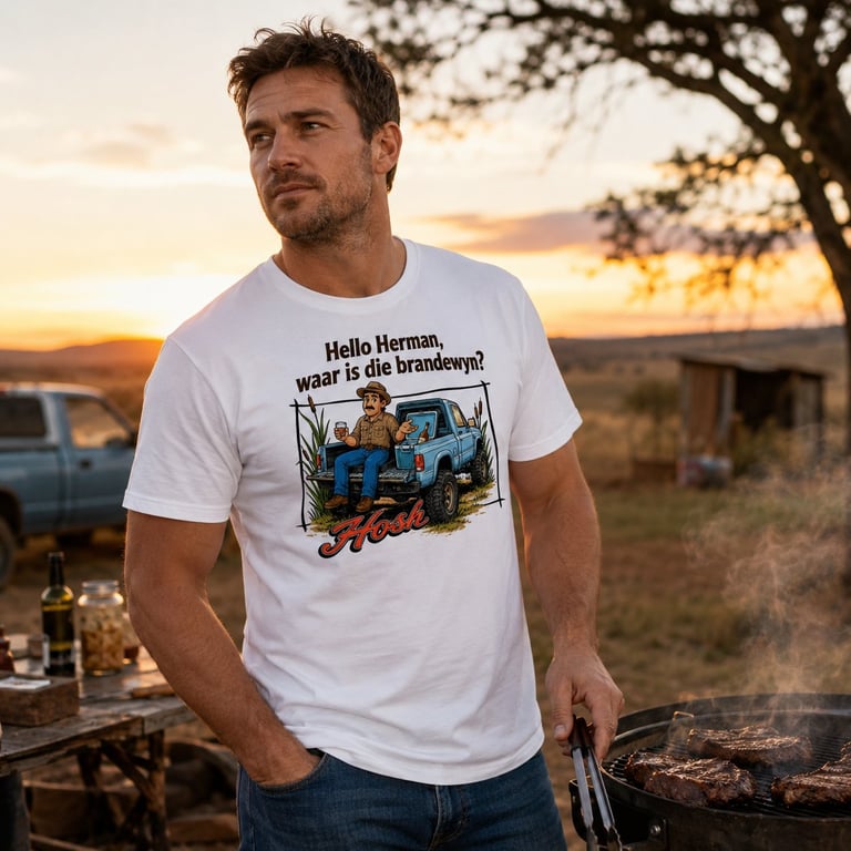 Man wearing white t-shirt with blue truck graphic standing outdoors at sunset near a fire pit