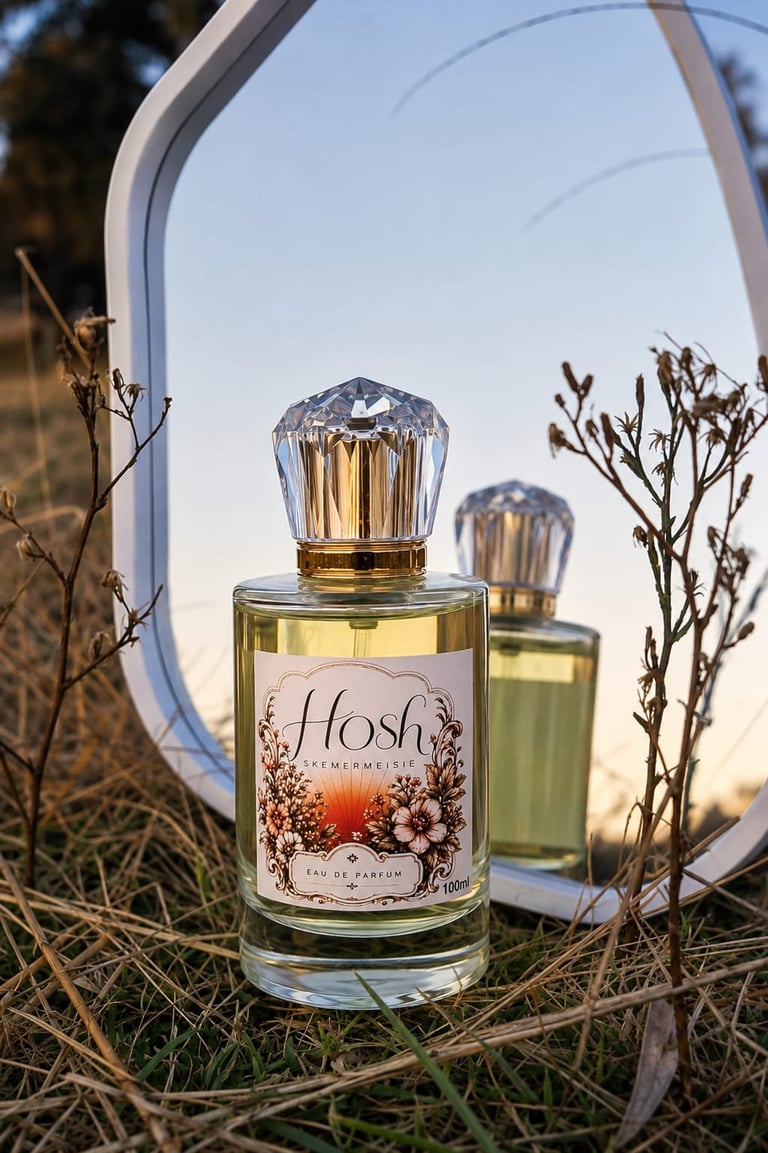 Hosh perfume bottle with crystal cap displayed on dried flowers next to a mirror at sunset